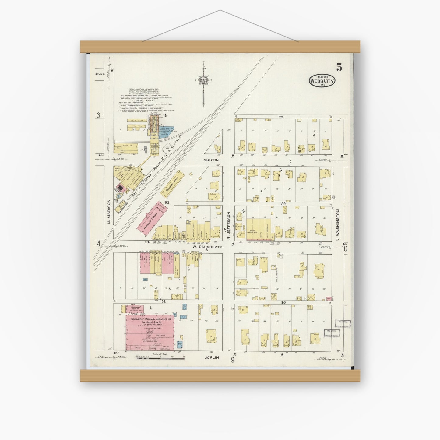 Old map wall art mockup — magnetic wood frame on white wall — Sanborn Fire Insurance Map from Webb City, Jasper County, Missouri (1915), Sheet #0005