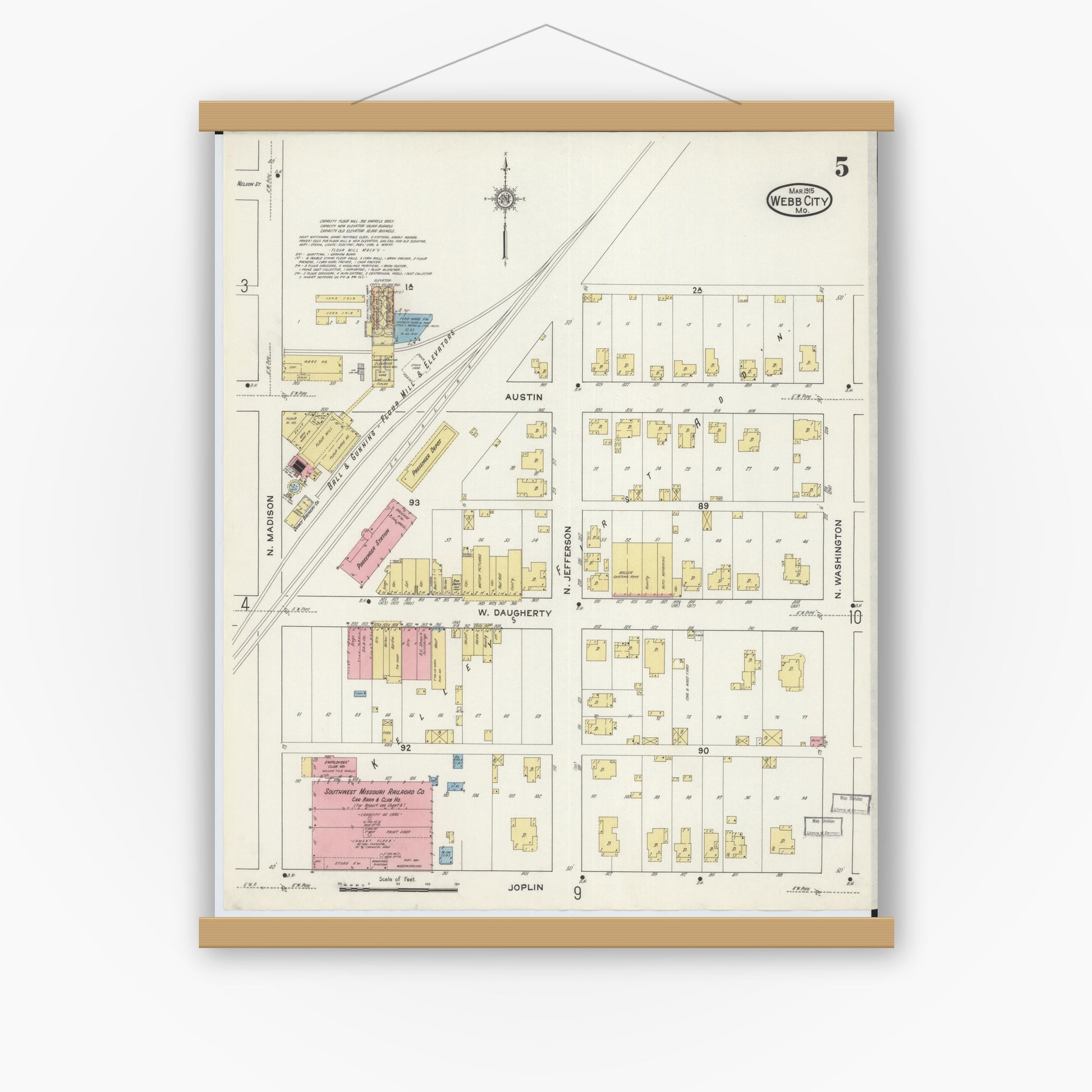 Old map wall art mockup — magnetic wood frame on white wall — Sanborn Fire Insurance Map from Webb City, Jasper County, Missouri (1915), Sheet #0005