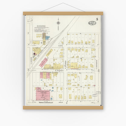 Old map wall art mockup — magnetic wood frame on white wall — Sanborn Fire Insurance Map from Webb City, Jasper County, Missouri (1915), Sheet #0005