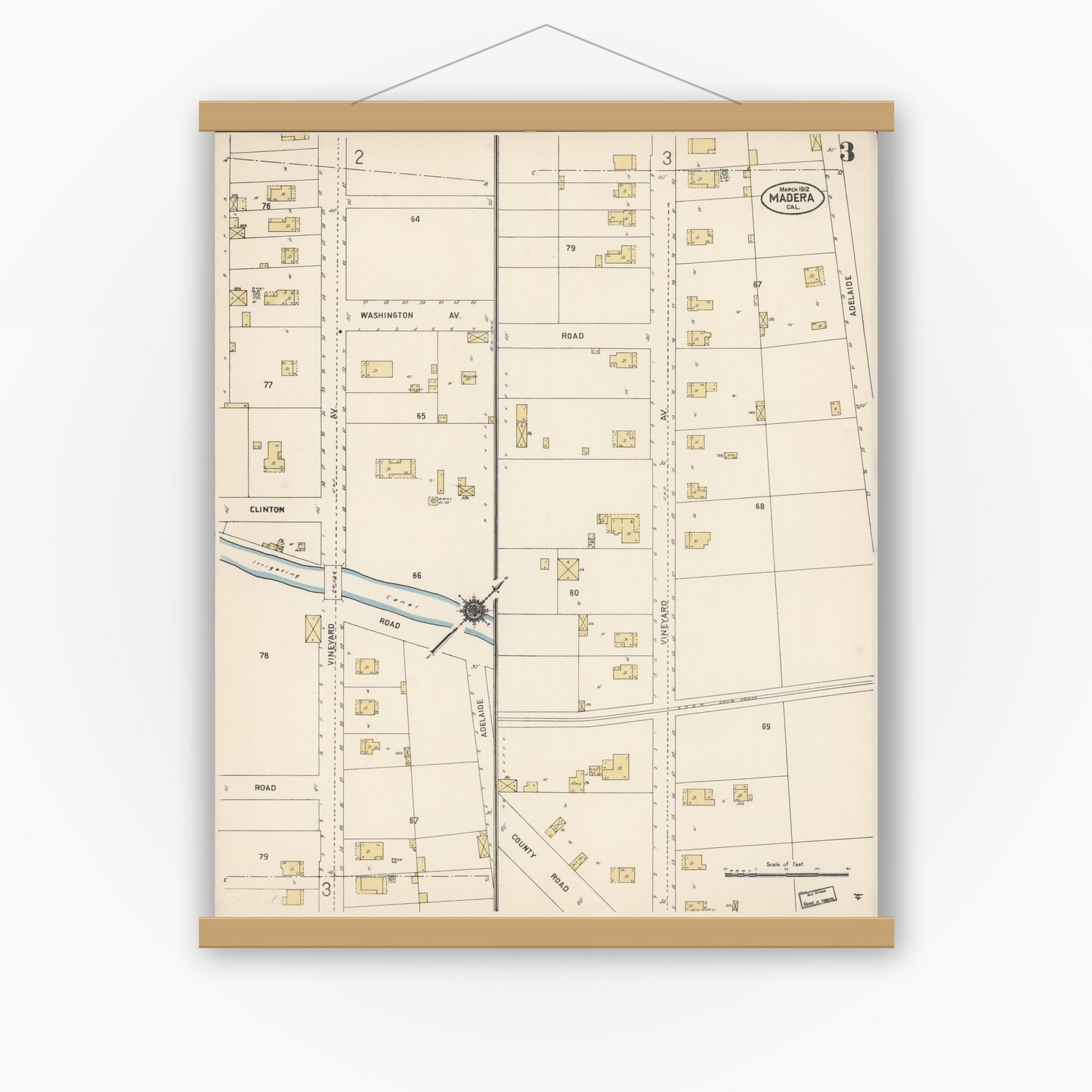 Old map wall art mockup — magnetic wood frame on white wall — Sanborn Fire Insurance Map from Madera, Madera County, California (1912), Sheet #0003