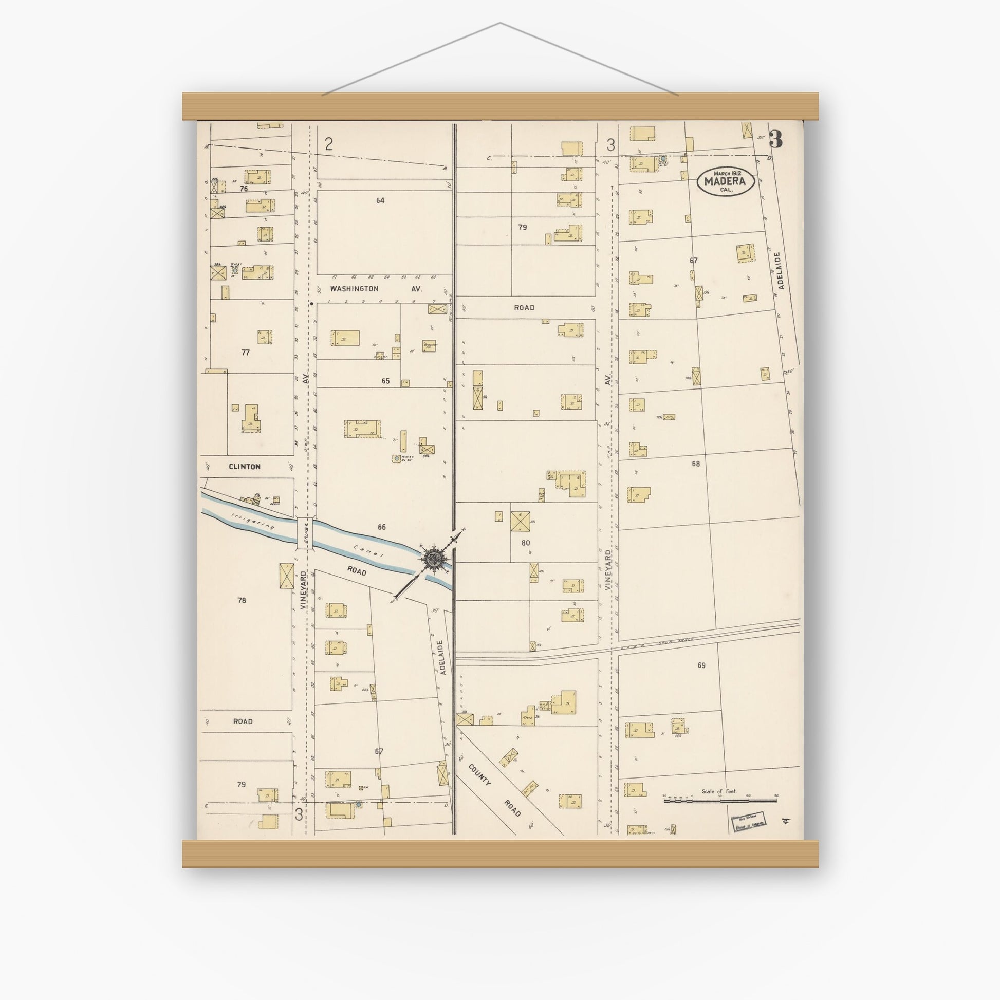 Old map wall art mockup — magnetic wood frame on white wall — Sanborn Fire Insurance Map from Madera, Madera County, California (1912), Sheet #0003