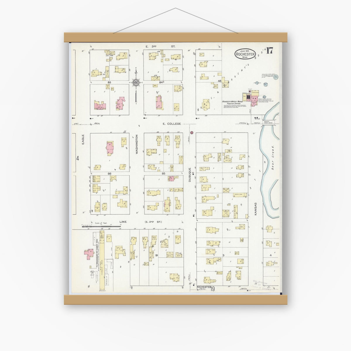 Old map wall art mockup — magnetic wood frame on white wall — Sanborn Fire Insurance Map from Rochester, Olmsted County, Minnesota (1914), Sheet #0017