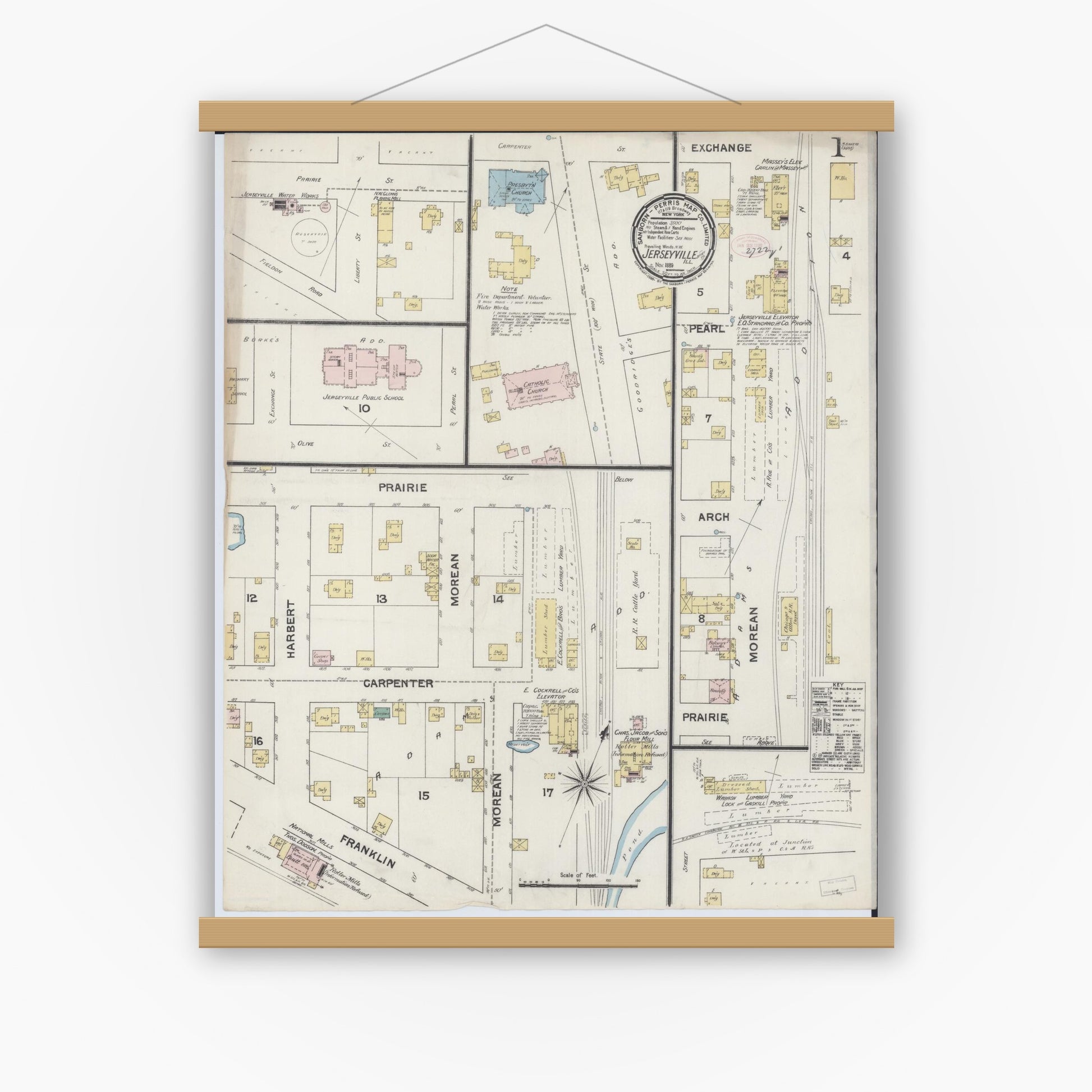 Old map wall art mockup — magnetic wood frame on white wall — Sanborn Fire Insurance Map from Jerseyville, Jersey County, Illinois (1889) - Complete Map Set