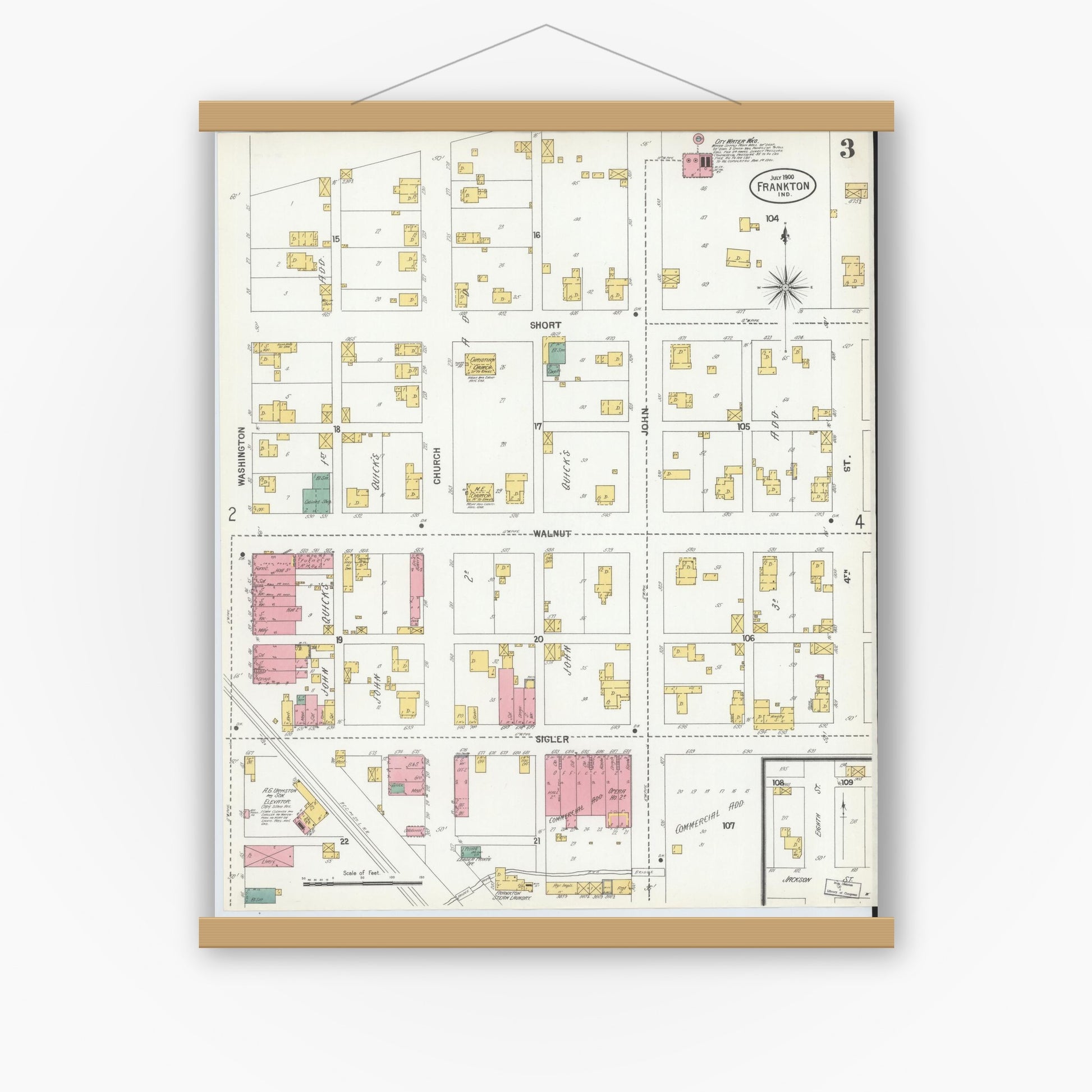 Old map wall art mockup — magnetic wood frame on white wall — Sanborn Fire Insurance Map from Frankton, Madison County, Indiana (1900), Sheet #0003