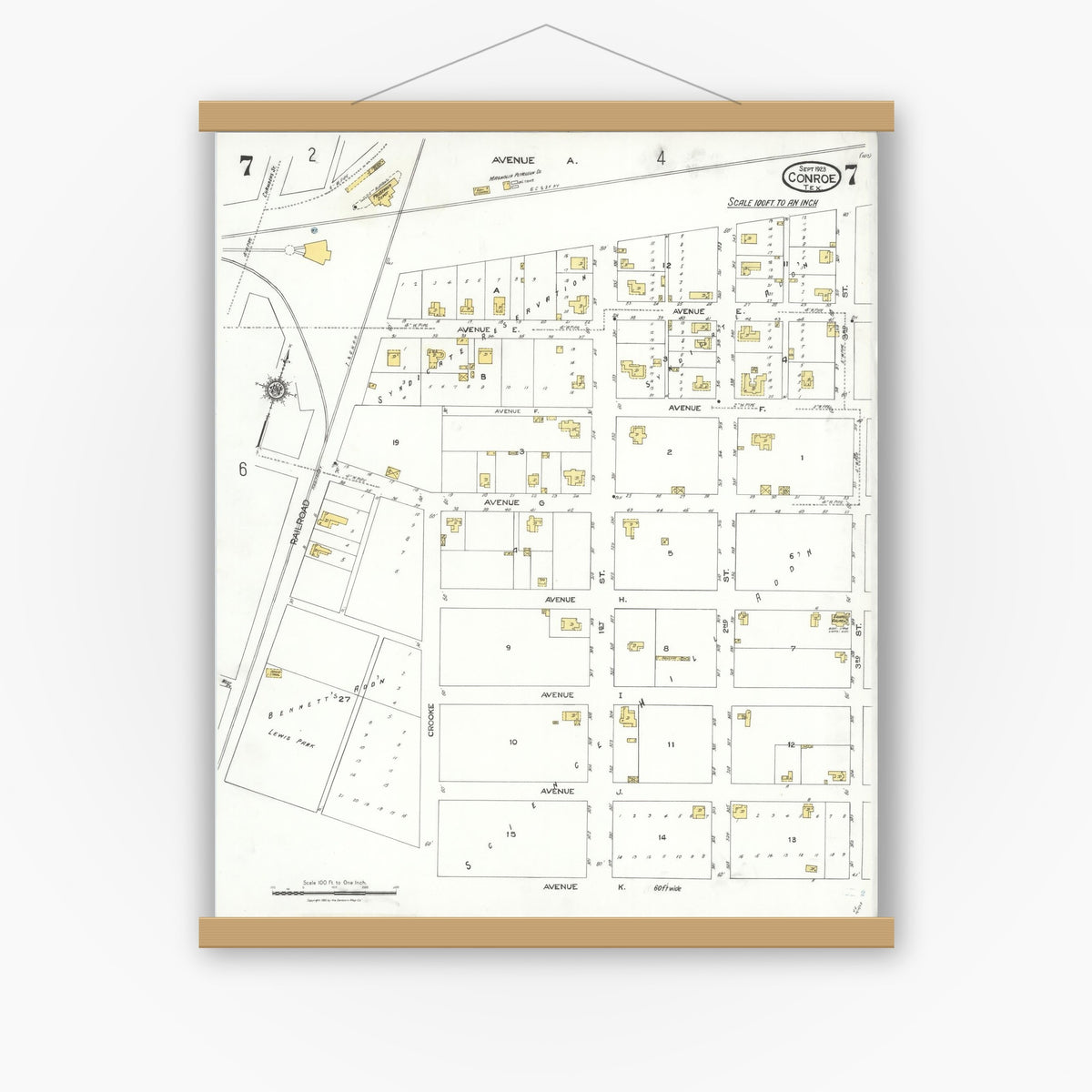 Old map wall art mockup — magnetic wood frame on white wall — Sanborn Fire Insurance Map from Conroe, Montgomery County, Texas (1923), Sheet #0007