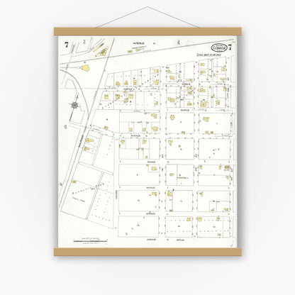 Old map wall art mockup — magnetic wood frame on white wall — Sanborn Fire Insurance Map from Conroe, Montgomery County, Texas (1923), Sheet #0007