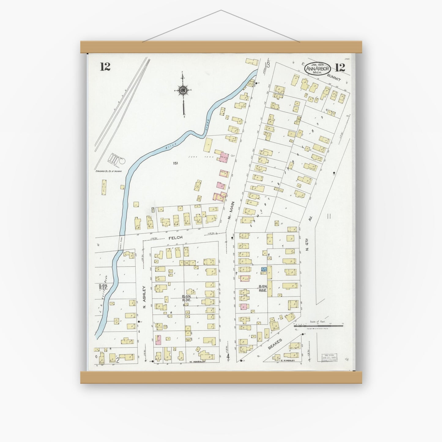 Old map wall art mockup — magnetic wood frame on white wall — Sanborn Fire Insurance Map from Ann Arbor, Washtenaw County, Michigan (1925), Sheet #0012