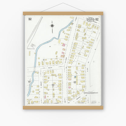 Old map wall art mockup — magnetic wood frame on white wall — Sanborn Fire Insurance Map from Ann Arbor, Washtenaw County, Michigan (1925), Sheet #0012