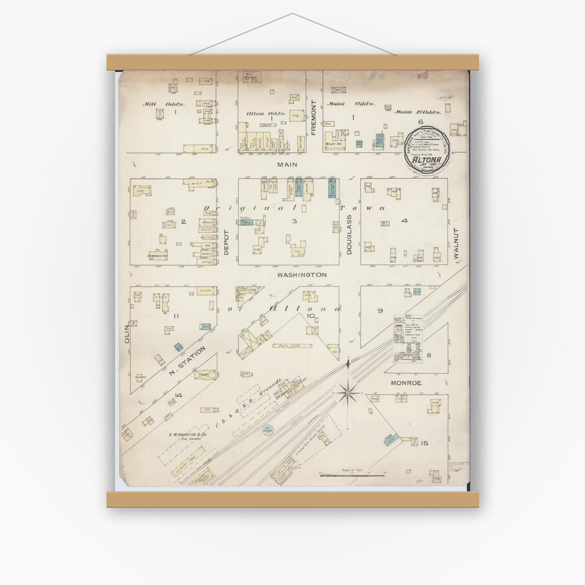 Old map wall art mockup — magnetic wood frame on white wall — Sanborn Fire Insurance Map from Altona, Knox County, Illinois (1886), Sheet #0001