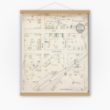Old map wall art mockup — magnetic wood frame on white wall — Sanborn Fire Insurance Map from Altona, Knox County, Illinois (1886), Sheet #0001