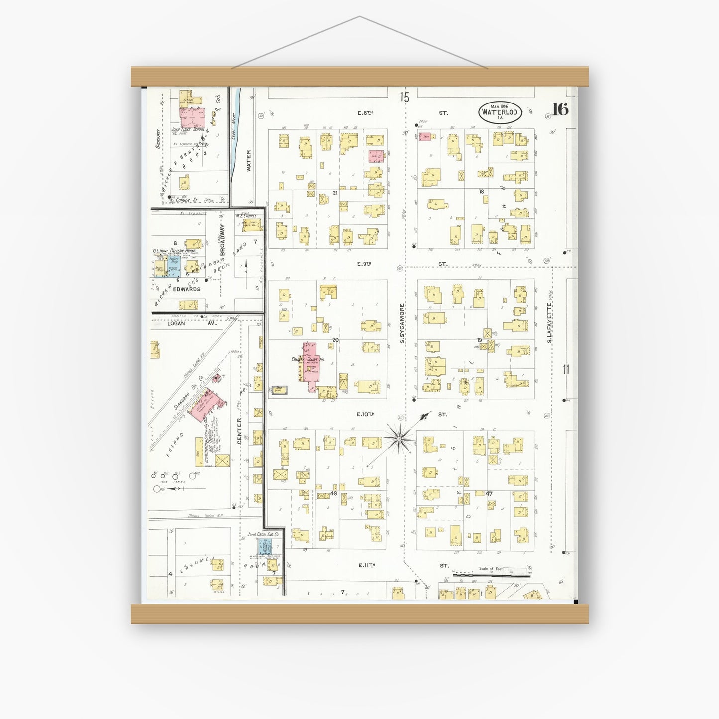 Old map wall art mockup — magnetic wood frame on white wall — Sanborn Fire Insurance Map from Waterloo, Black Hawk County, Iowa (1906), Sheet #0016