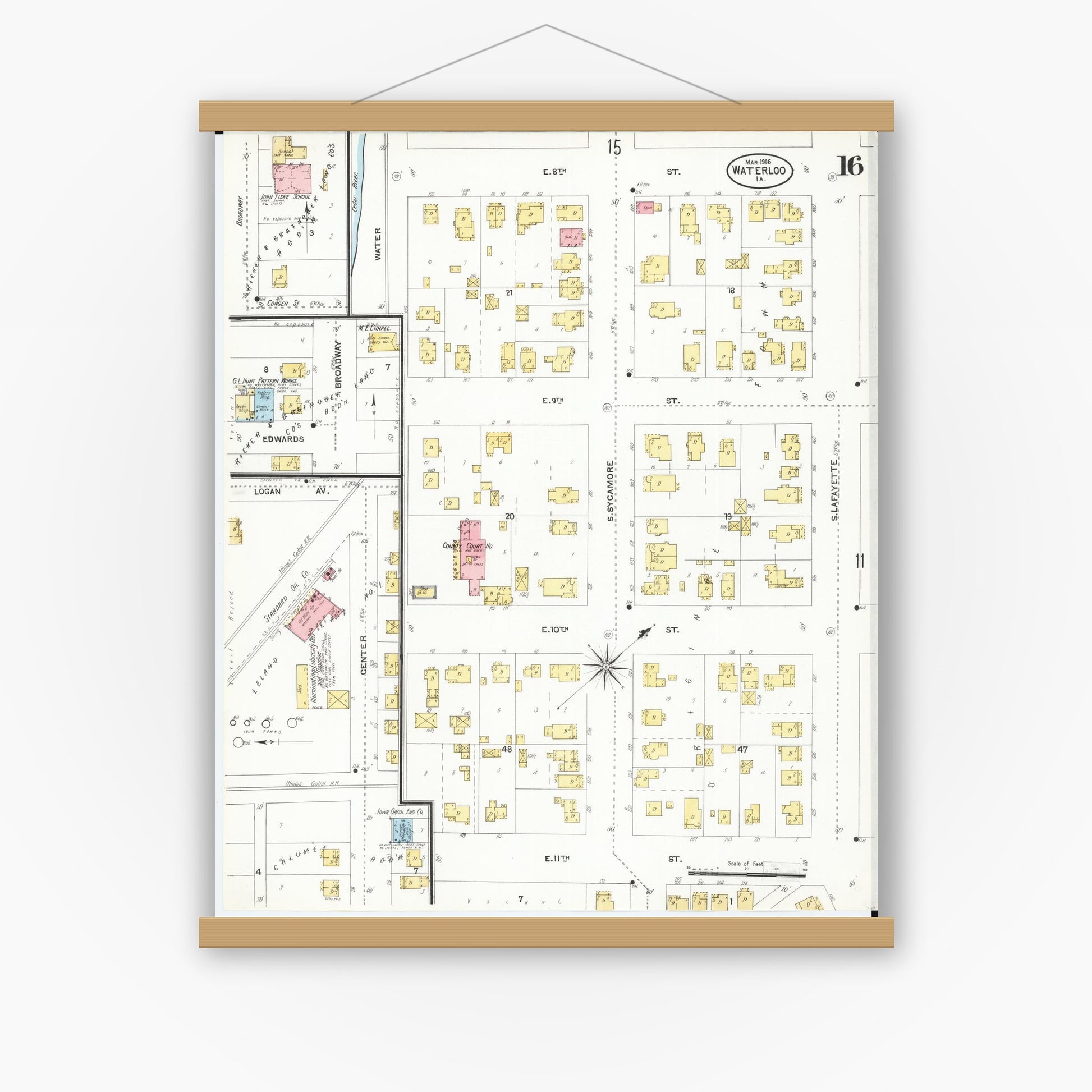 Old map wall art mockup — magnetic wood frame on white wall — Sanborn Fire Insurance Map from Waterloo, Black Hawk County, Iowa (1906), Sheet #0016