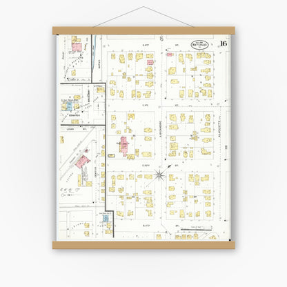 Old map wall art mockup — magnetic wood frame on white wall — Sanborn Fire Insurance Map from Waterloo, Black Hawk County, Iowa (1906), Sheet #0016