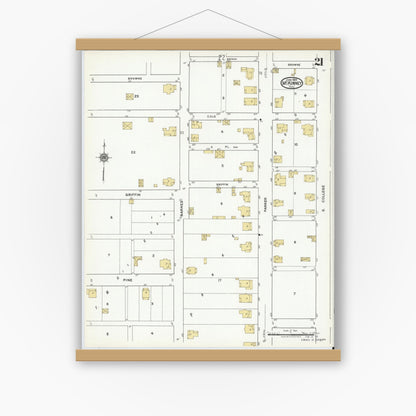 Old map wall art mockup — magnetic wood frame on white wall — Sanborn Fire Insurance Map from McKinney, Collin County, Texas (1920), Sheet #0021