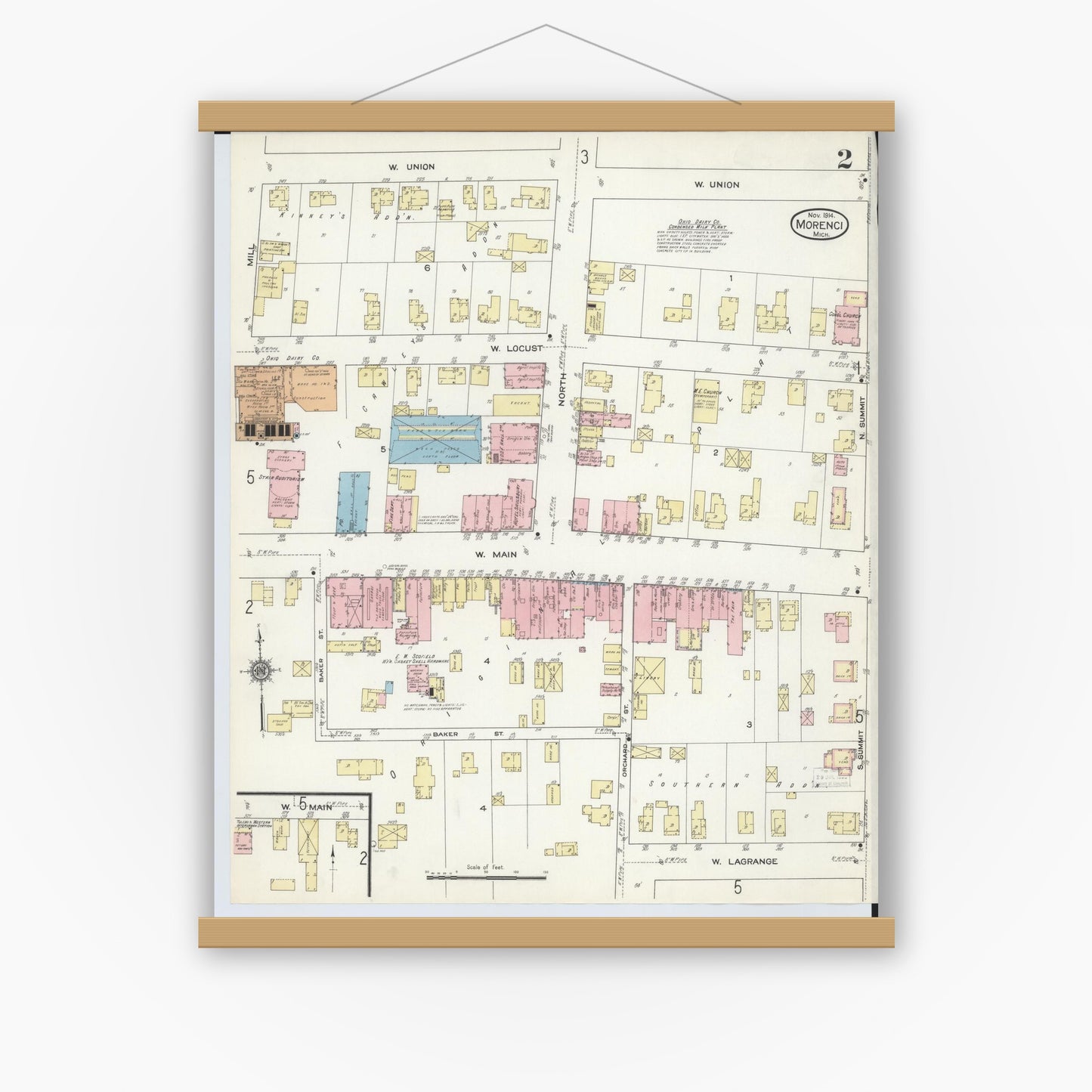 Old map wall art mockup — magnetic wood frame on white wall — Sanborn Fire Insurance Map from Morenci, Lenawee County, Michigan (1914), Sheet #0002