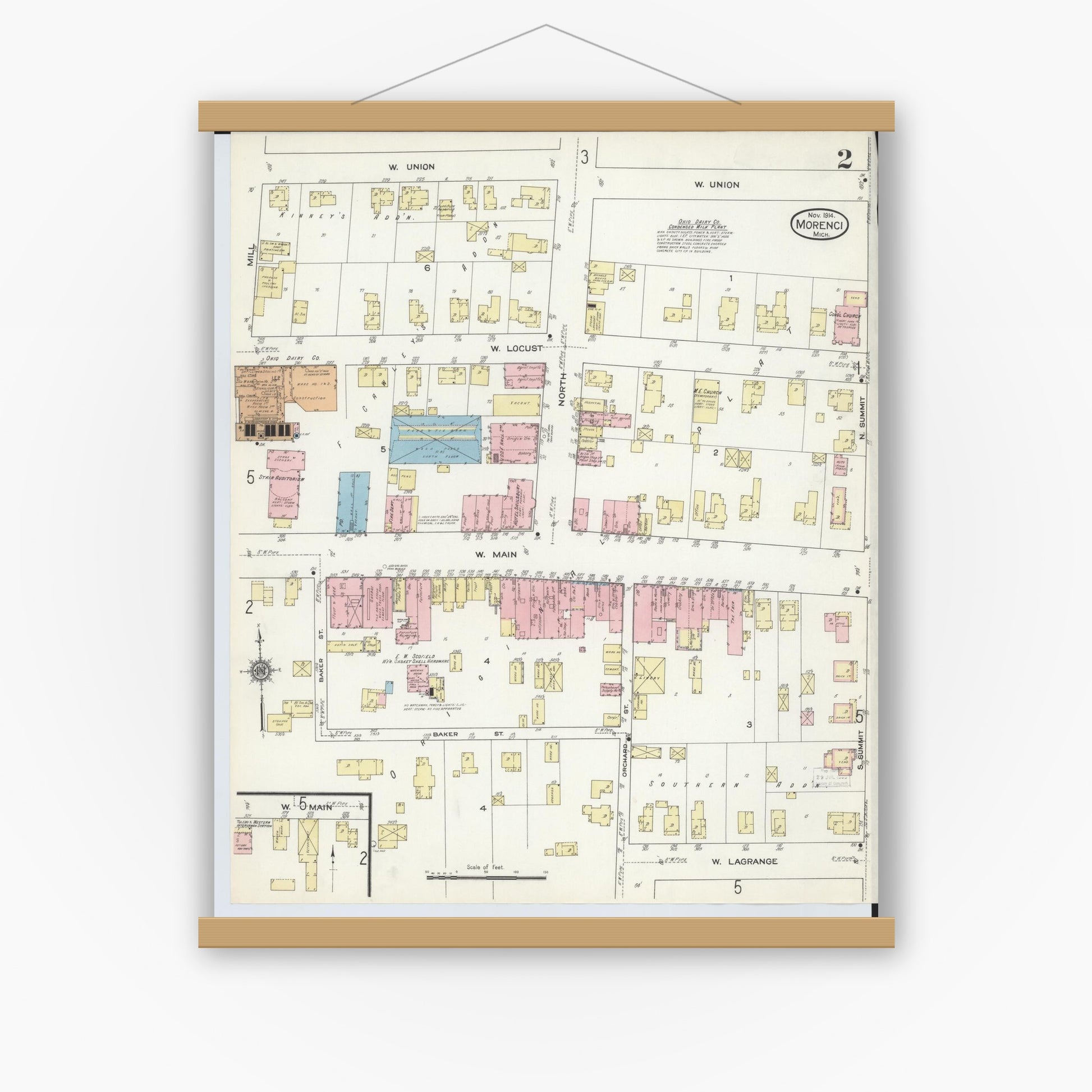 Old map wall art mockup — magnetic wood frame on white wall — Sanborn Fire Insurance Map from Morenci, Lenawee County, Michigan (1914), Sheet #0002