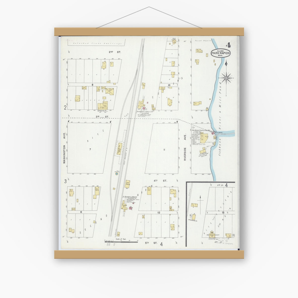 Old map wall art mockup — magnetic wood frame on white wall — Sanborn Fire Insurance Map from Park Rapids, Hubbard County, Minnesota (1900), Sheet #0004