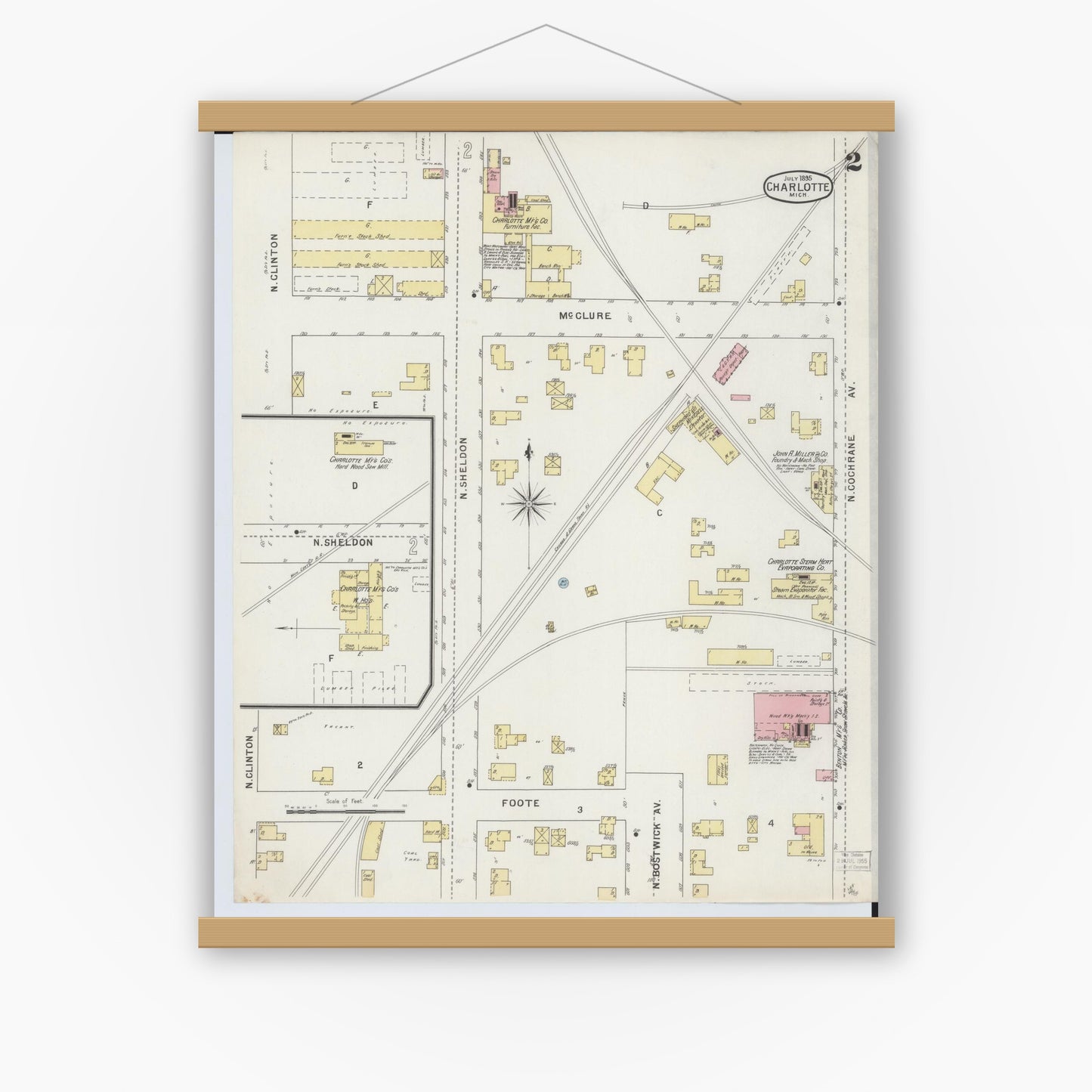 Old map wall art mockup — magnetic wood frame on white wall — Sanborn Fire Insurance Map from Charlotte, Eaton County, Michigan (1895), Sheet #0002