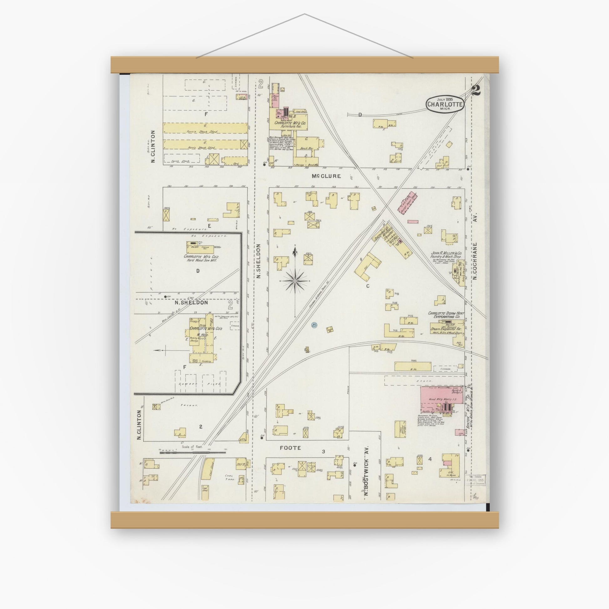 Old map wall art mockup — magnetic wood frame on white wall — Sanborn Fire Insurance Map from Charlotte, Eaton County, Michigan (1895), Sheet #0002