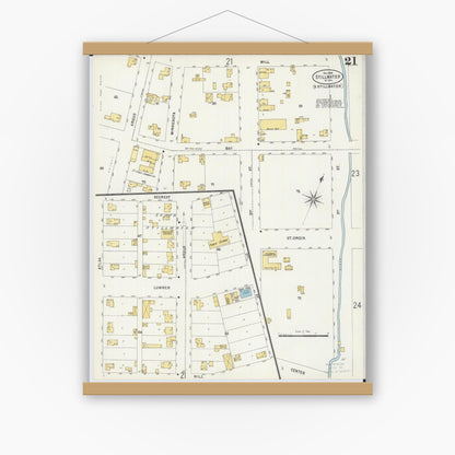 Old map wall art mockup — magnetic wood frame on white wall — Sanborn Fire Insurance Map from Stillwater, Washington County, Minnesota (1898), Sheet #0021
