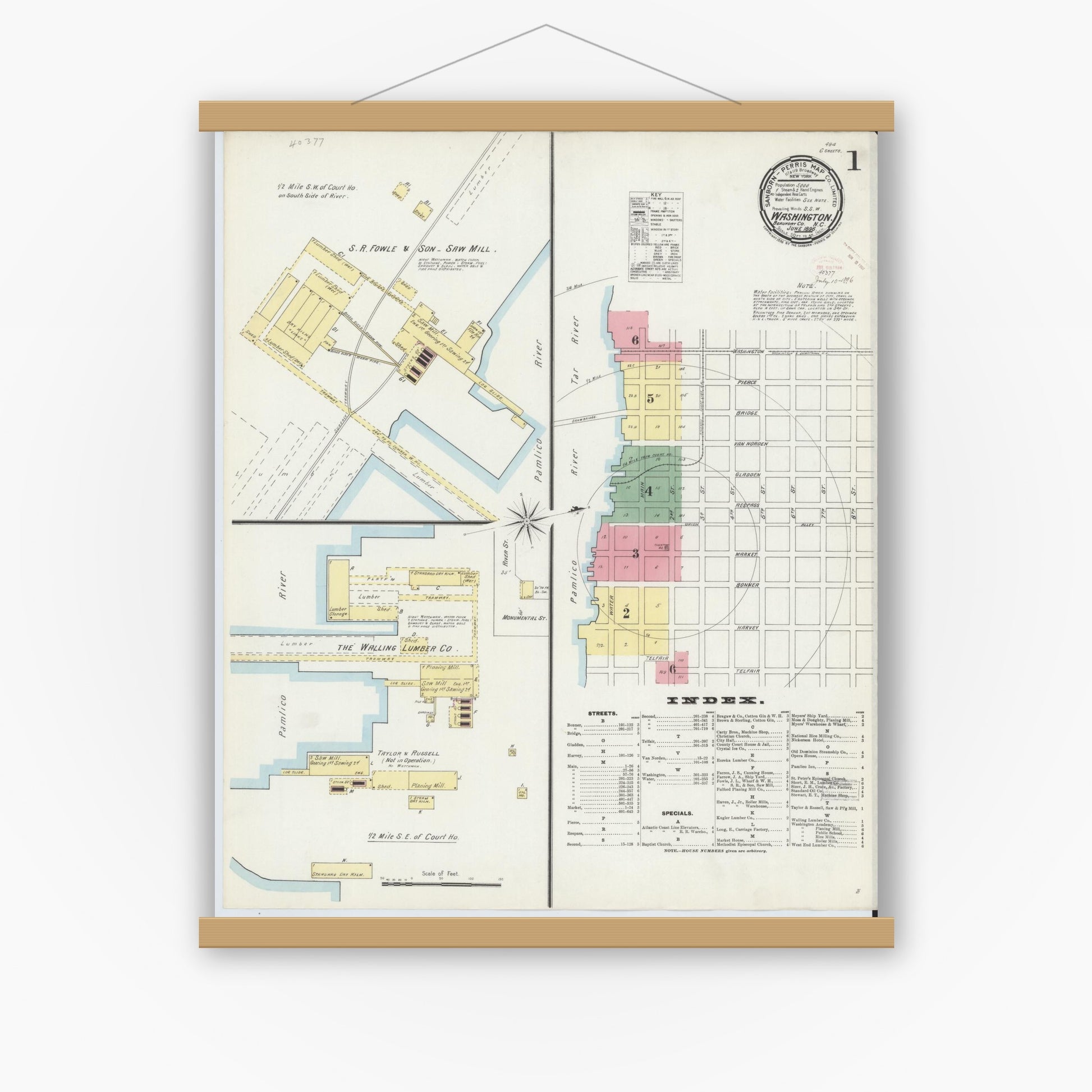 Old map wall art mockup — magnetic wood frame on white wall — Sanborn Fire Insurance Map from Washington, Beaufort County, North Carolina (1896), Sheet #0001