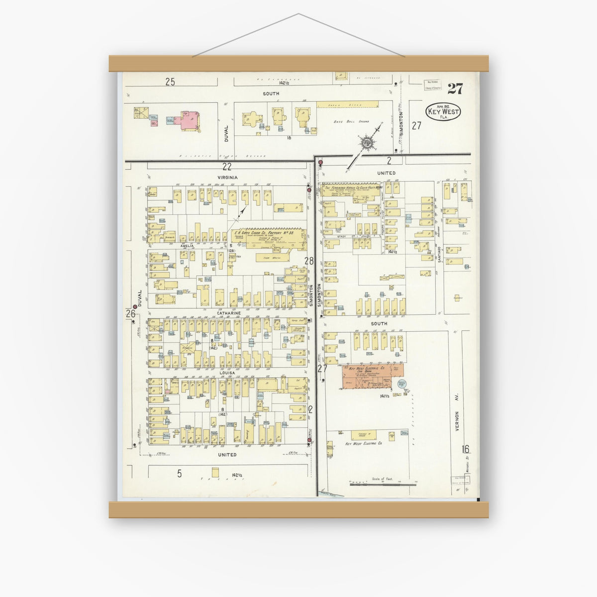 Old map wall art mockup — magnetic wood frame on white wall — Sanborn Fire Insurance Map from Key West, Monroe County, Florida (1912), Sheet #0027