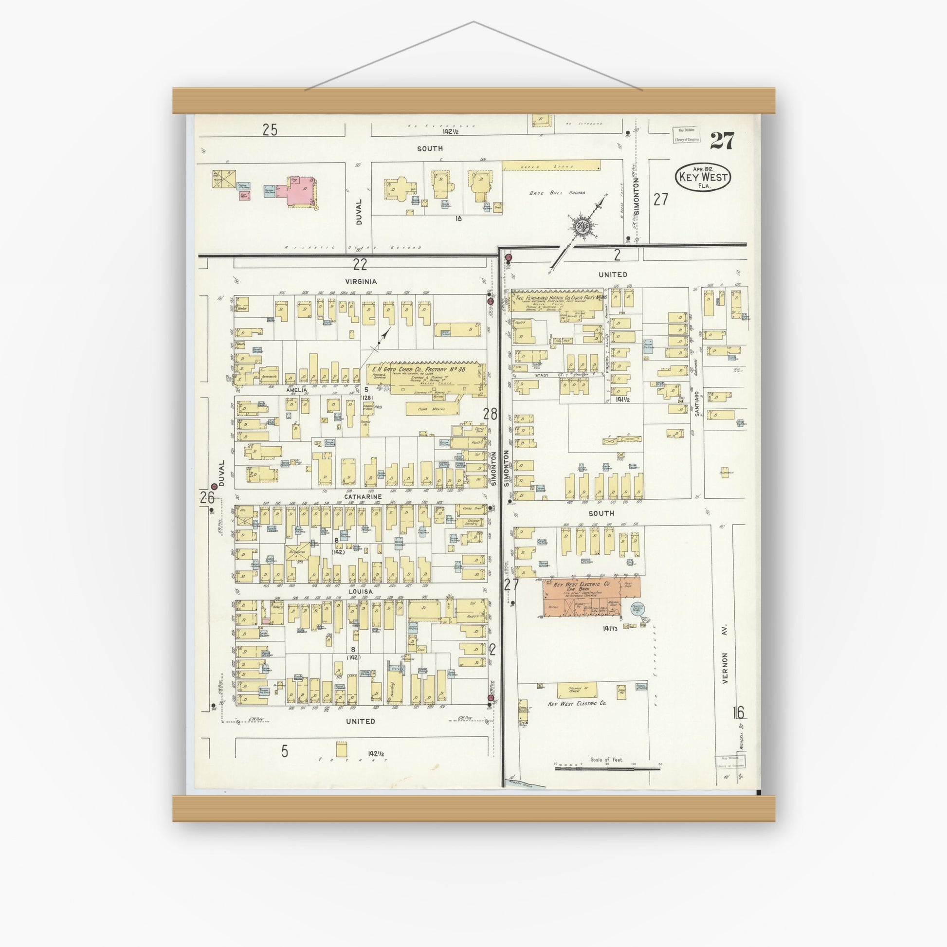 Old map wall art mockup — magnetic wood frame on white wall — Sanborn Fire Insurance Map from Key West, Monroe County, Florida (1912), Sheet #0027