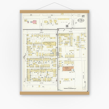 Old map wall art mockup — magnetic wood frame on white wall — Sanborn Fire Insurance Map from Key West, Monroe County, Florida (1912), Sheet #0027