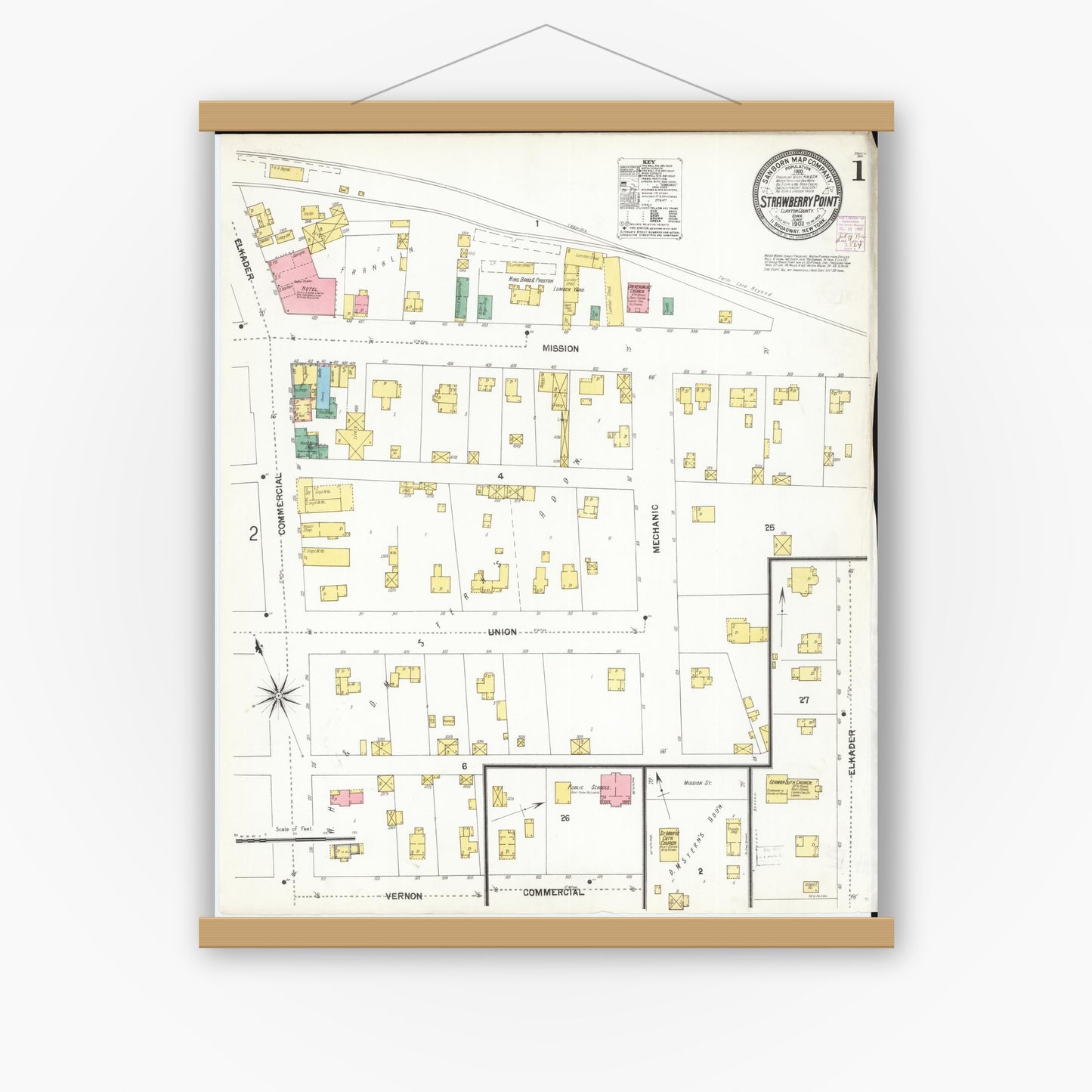 Old map wall art mockup — magnetic wood frame on white wall — Sanborn Fire Insurance Map from Strawberry Point, Clayton County, Iowa (1902), Sheet #0001