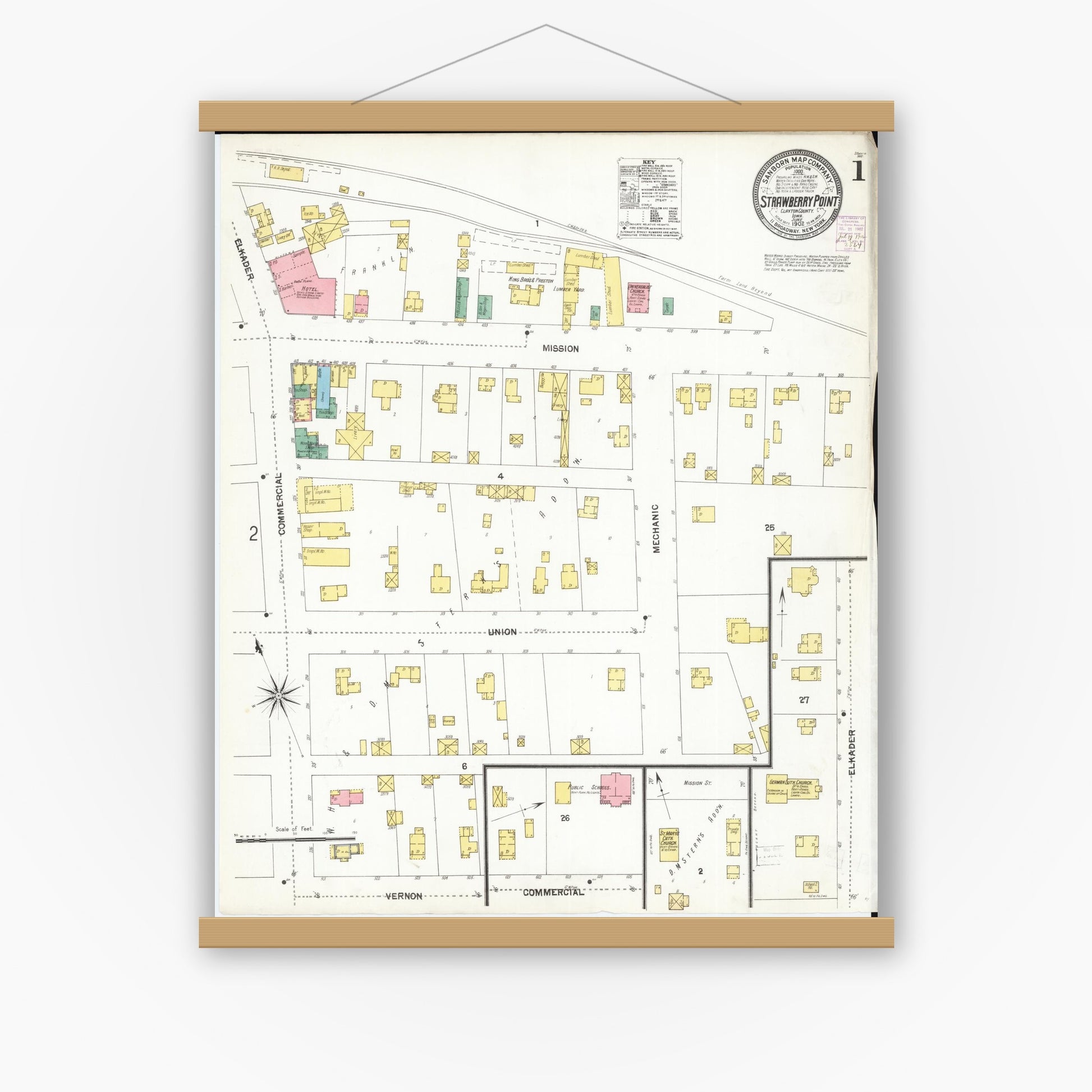 Old map wall art mockup — magnetic wood frame on white wall — Sanborn Fire Insurance Map from Strawberry Point, Clayton County, Iowa (1902), Sheet #0001