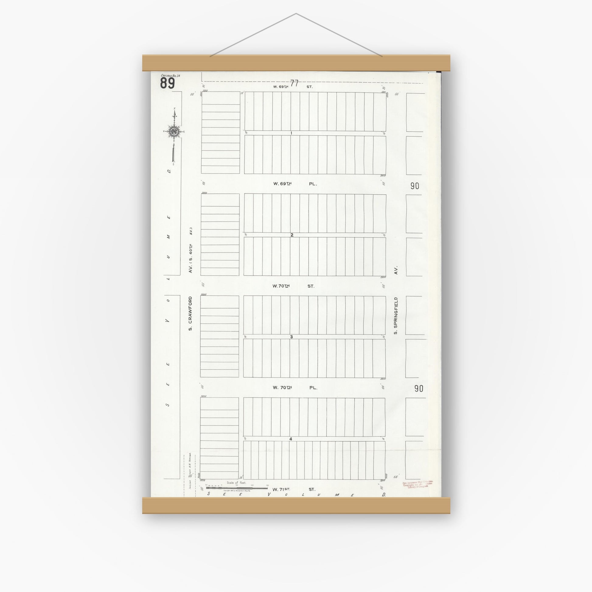 Old map wall art mockup — magnetic wood frame on white wall — Sanborn Fire Insurance Map from Chicago, Cook County, Illinois (1920), Sheet #0089