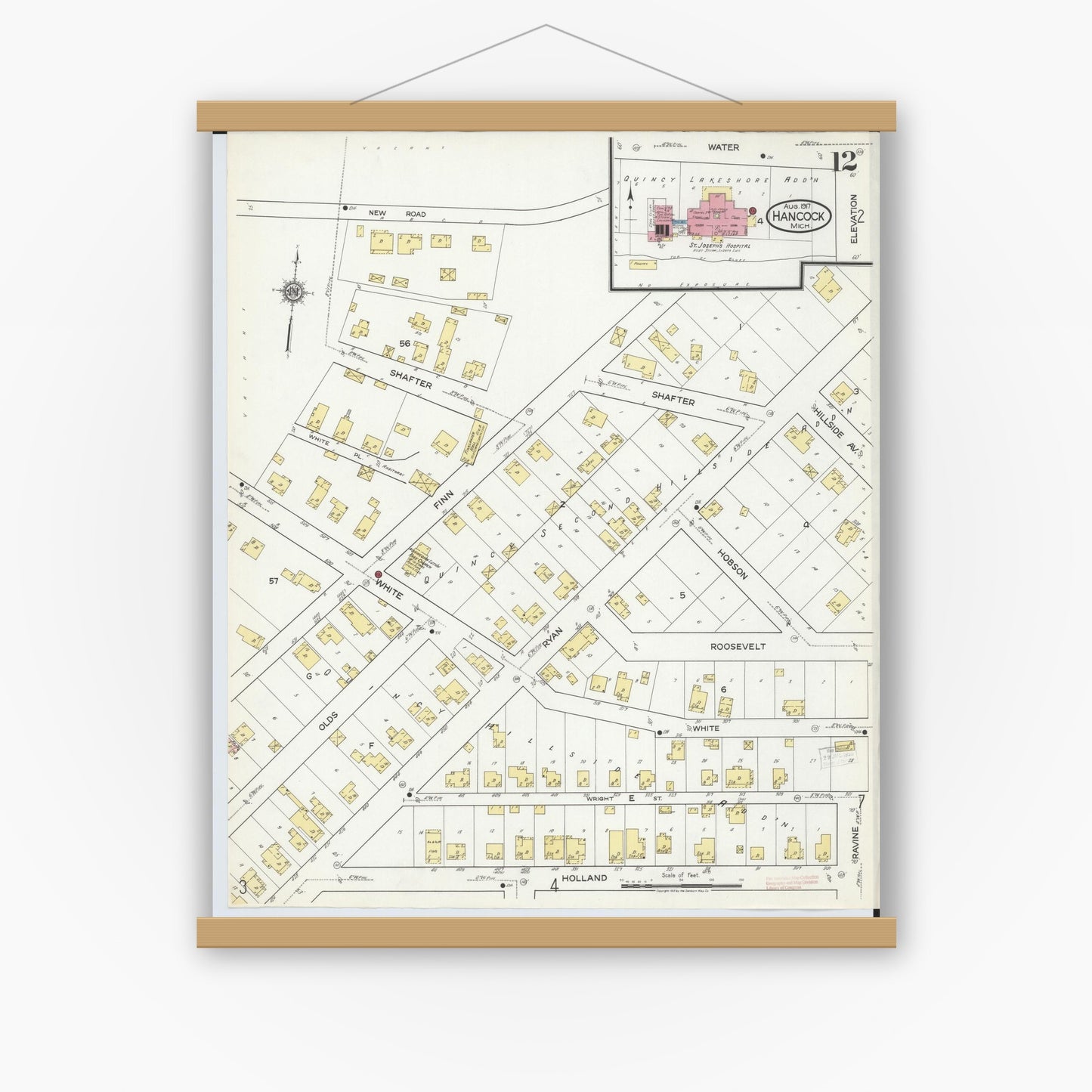 Old map wall art mockup — magnetic wood frame on white wall — Sanborn Fire Insurance Map from Hancock, Houghton County, Michigan (1917), Sheet #0012