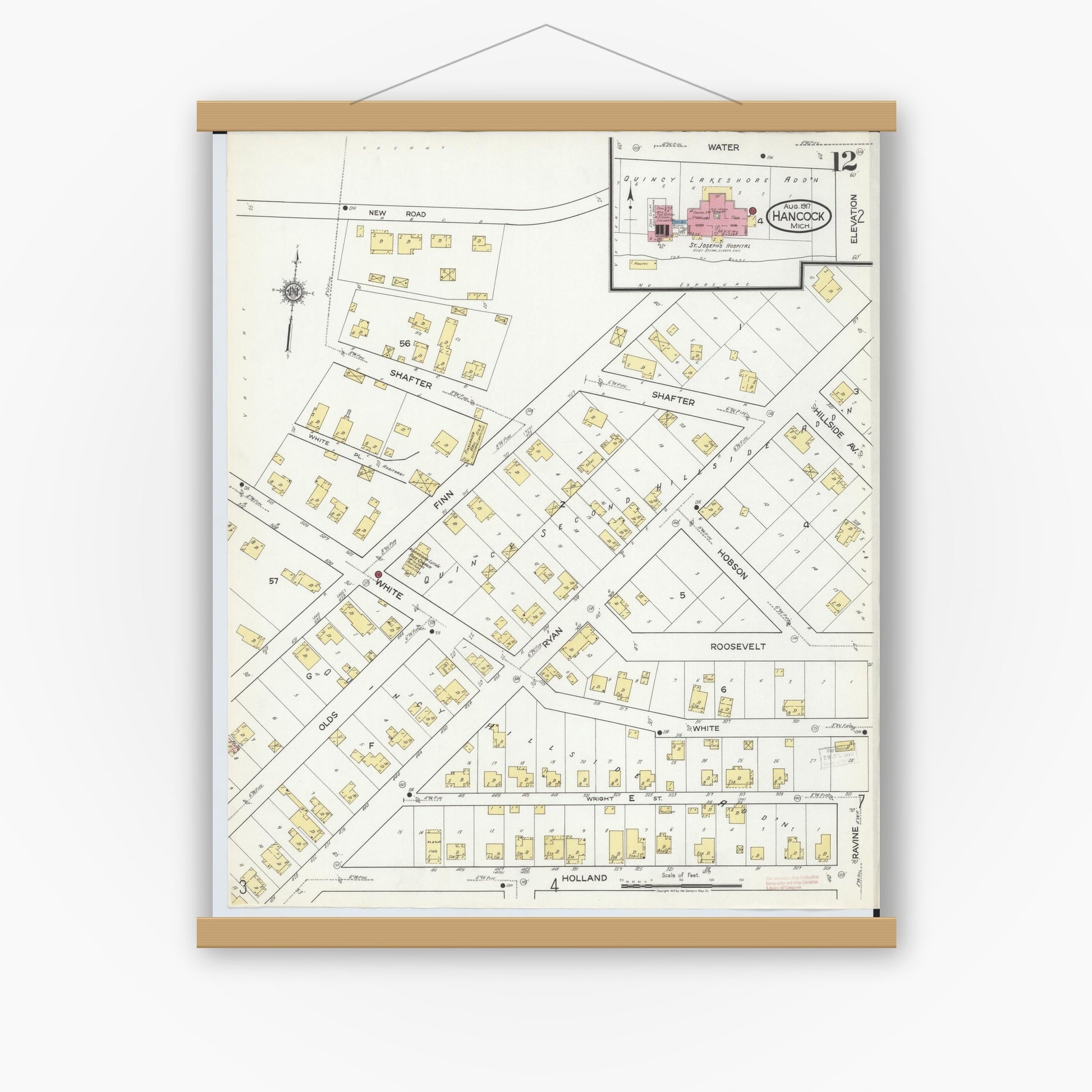 Old map wall art mockup — magnetic wood frame on white wall — Sanborn Fire Insurance Map from Hancock, Houghton County, Michigan (1917), Sheet #0012