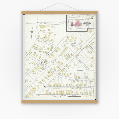 Old map wall art mockup — magnetic wood frame on white wall — Sanborn Fire Insurance Map from Hancock, Houghton County, Michigan (1917), Sheet #0012