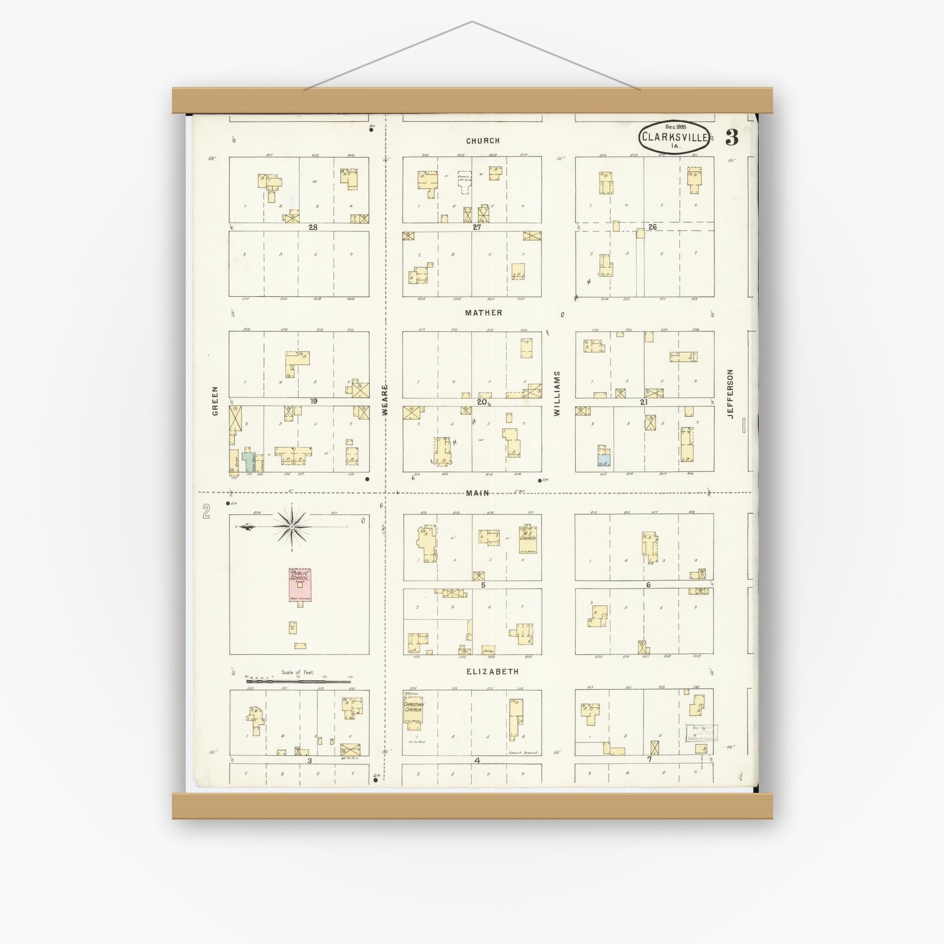 Old map wall art mockup — magnetic wood frame on white wall — Sanborn Fire Insurance Map from Clarksville, Butler County, Iowa (1895), Sheet #0003