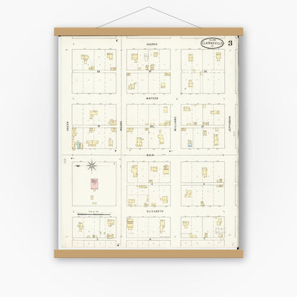 Old map wall art mockup — magnetic wood frame on white wall — Sanborn Fire Insurance Map from Clarksville, Butler County, Iowa (1895), Sheet #0003