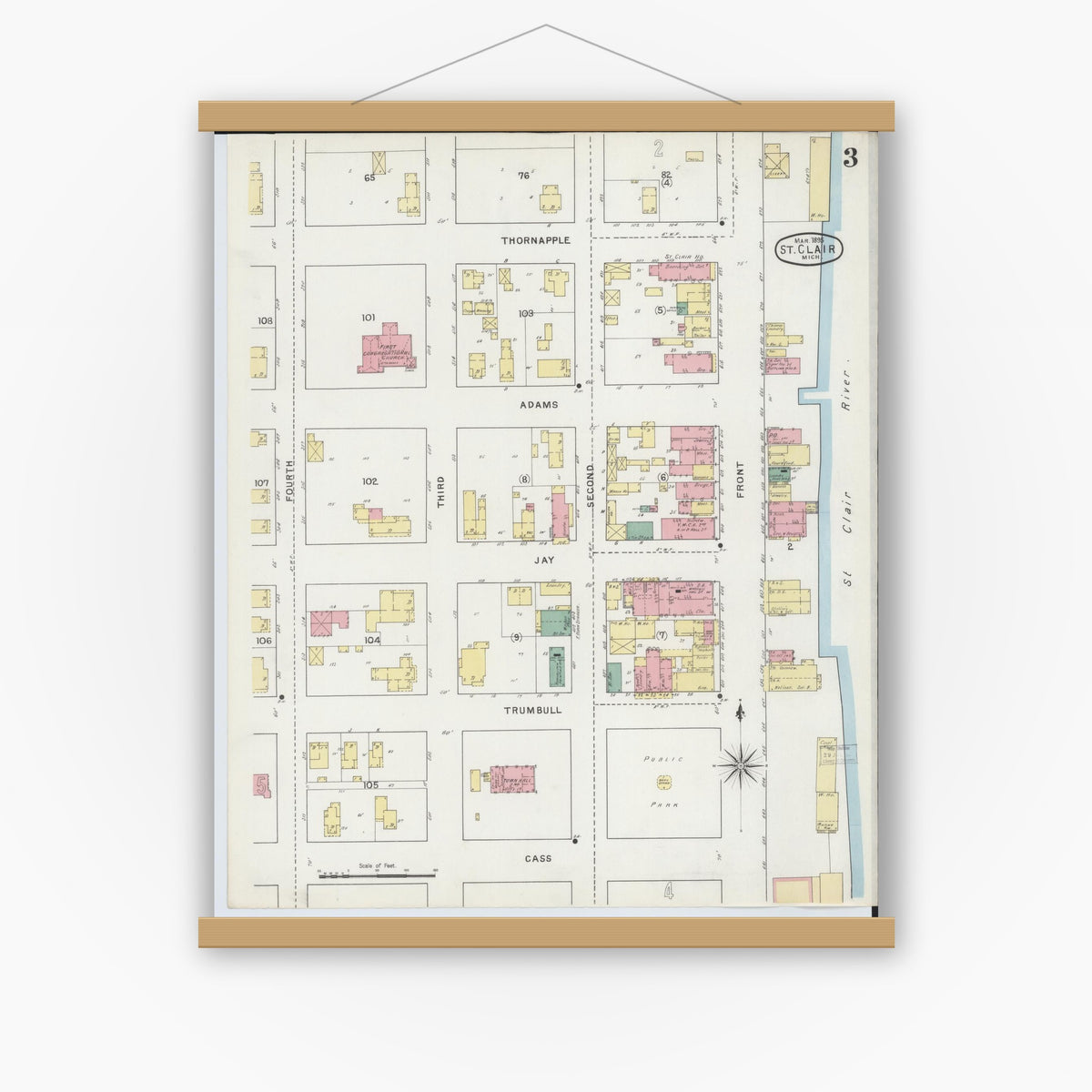 Old map wall art mockup — magnetic wood frame on white wall — Sanborn Fire Insurance Map from Saint Clair, Saint Clair County, Michigan (1895), Sheet #0003