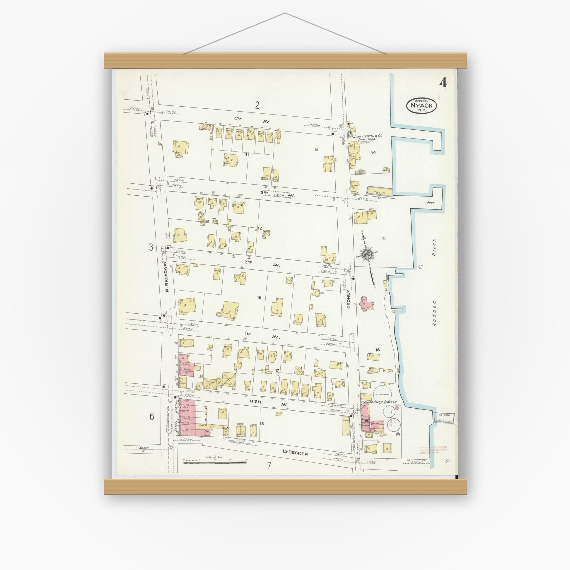 Old map wall art mockup — magnetic wood frame on white wall — Sanborn Fire Insurance Map from Nyack, Rockland County, New York. (1910), Sheet #0004