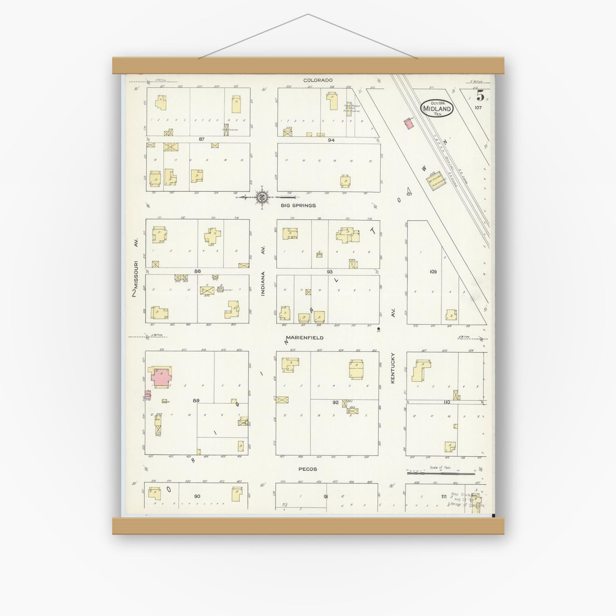 Old map wall art mockup — magnetic wood frame on white wall — Sanborn Fire Insurance Map from Midland, Midland County, Texas (1914), Sheet #0005