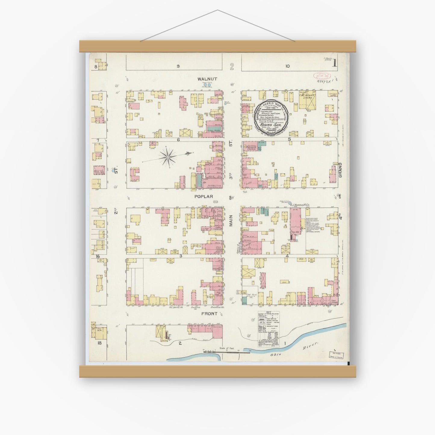 Old map wall art mockup — magnetic wood frame on white wall — Sanborn Fire Insurance Map from Rising Sun, Ohio County, Indiana (1892) - Complete Map Set