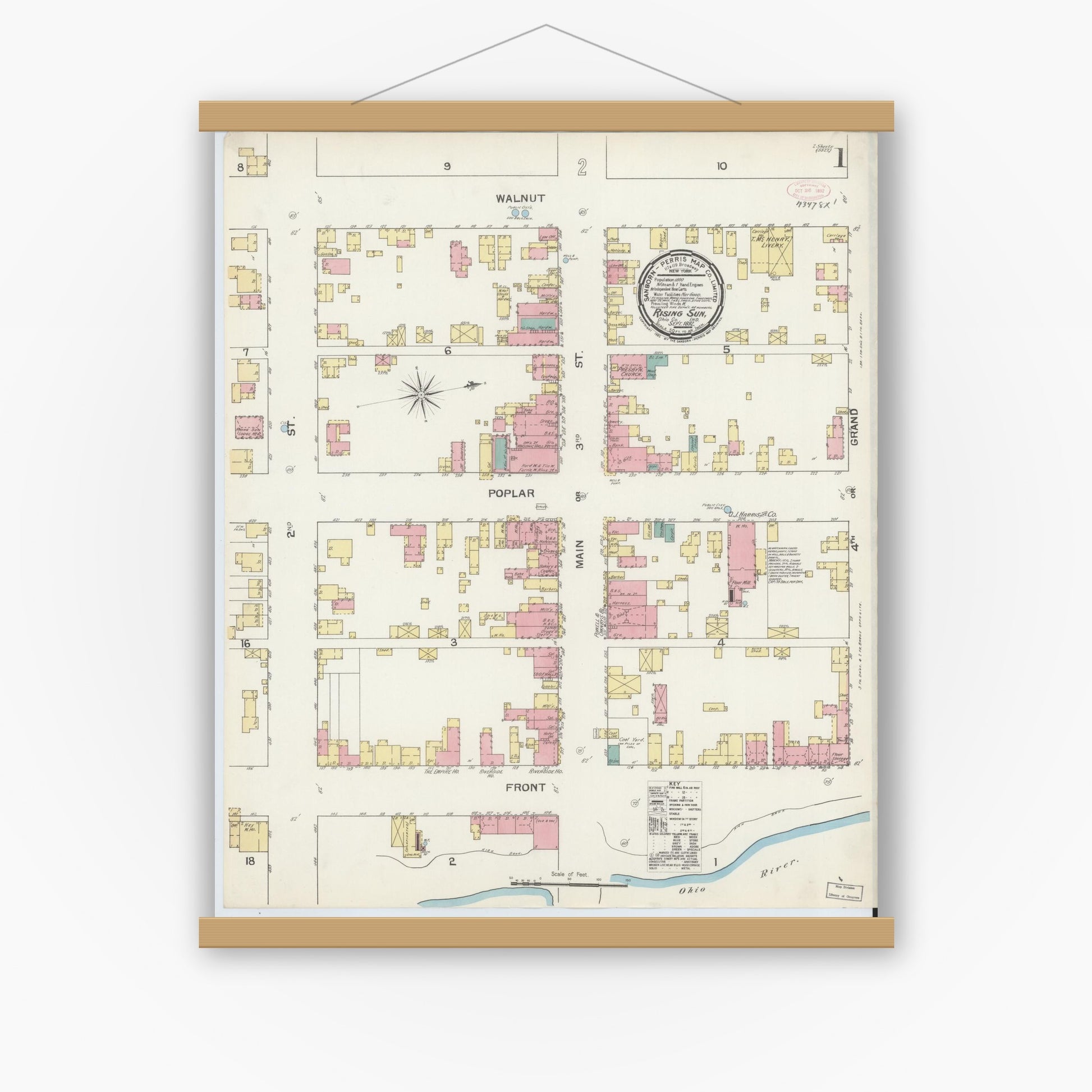 Old map wall art mockup — magnetic wood frame on white wall — Sanborn Fire Insurance Map from Rising Sun, Ohio County, Indiana (1892) - Complete Map Set
