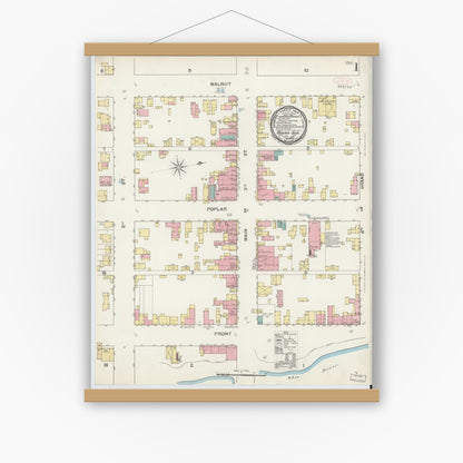 Old map wall art mockup — magnetic wood frame on white wall — Sanborn Fire Insurance Map from Rising Sun, Ohio County, Indiana (1892) - Complete Map Set