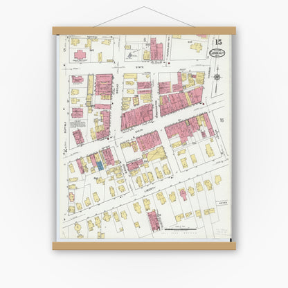 Old map wall art mockup — magnetic wood frame on white wall — Sanborn Fire Insurance Map from Conneaut, Ashtabula County, Ohio (1919), Sheet #0015
