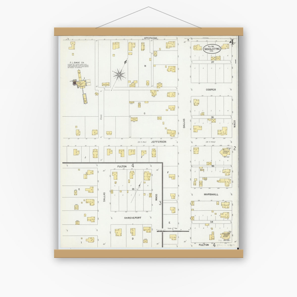 Old map wall art mockup — magnetic wood frame on white wall — Sanborn Fire Insurance Map from Van Alstyne, Grayson County, Texas (1901), Sheet #0004