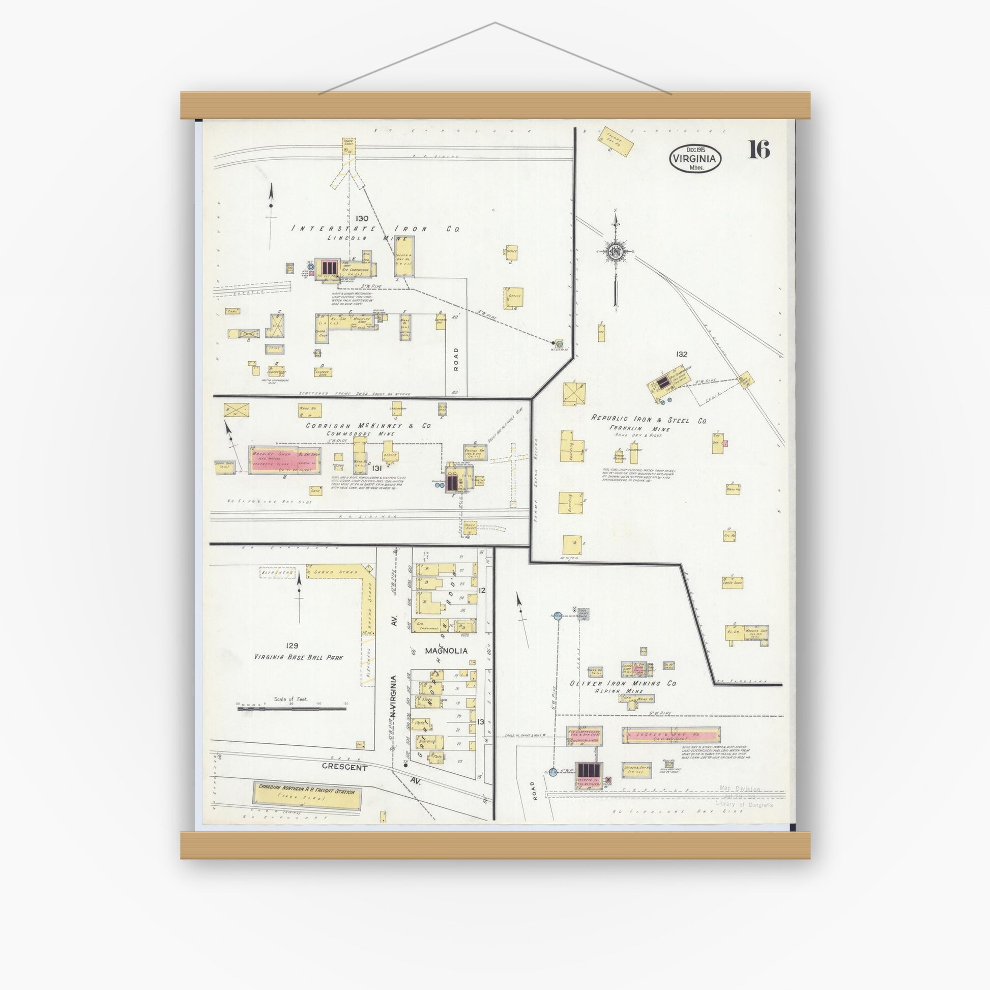 Old map wall art mockup — magnetic wood frame on white wall — Sanborn Fire Insurance Map from Virginia, Saint Louis County, Minnesota (1915), Sheet #0016