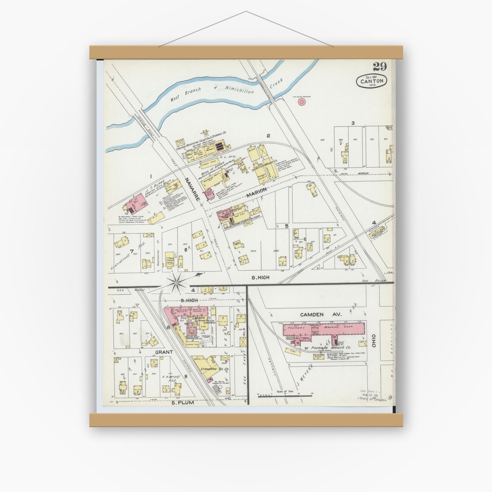 Old map wall art mockup — magnetic wood frame on white wall — Sanborn Fire Insurance Map from Canton, Stark County, Ohio (1891), Sheet #0029