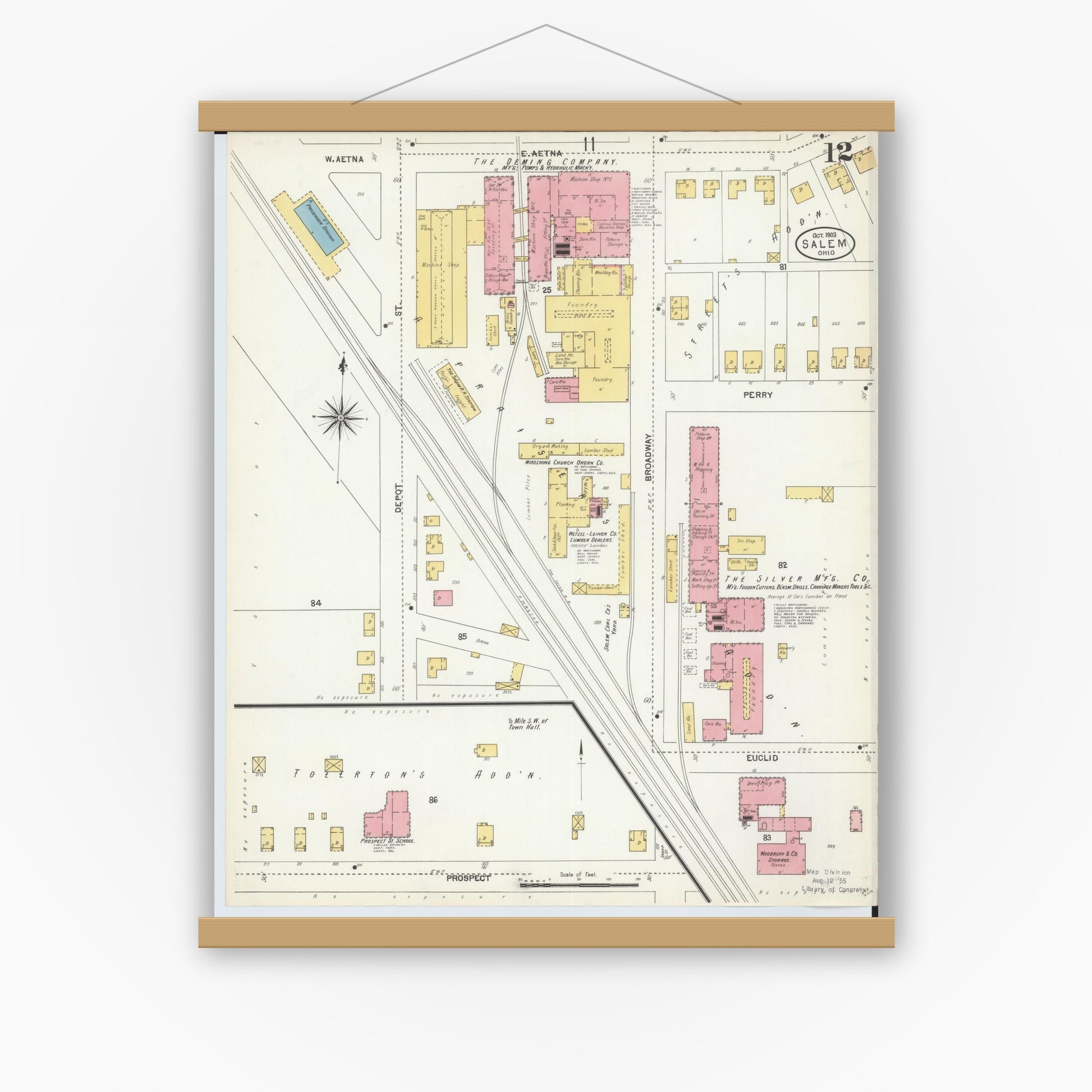 Old map wall art mockup — magnetic wood frame on white wall — Sanborn Fire Insurance Map from Salem, Columbiana County, Ohio (1903), Sheet #0012