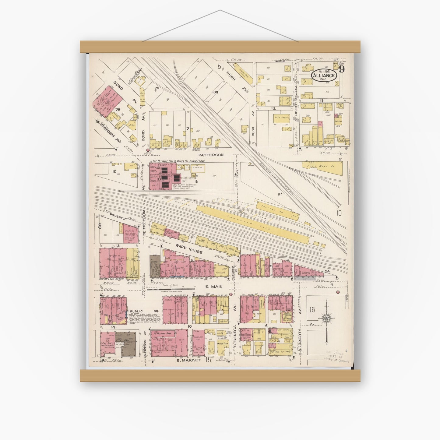 Old map wall art mockup — magnetic wood frame on white wall — Sanborn Fire Insurance Map from Alliance, Stark County, Ohio (1921), Sheet #0009