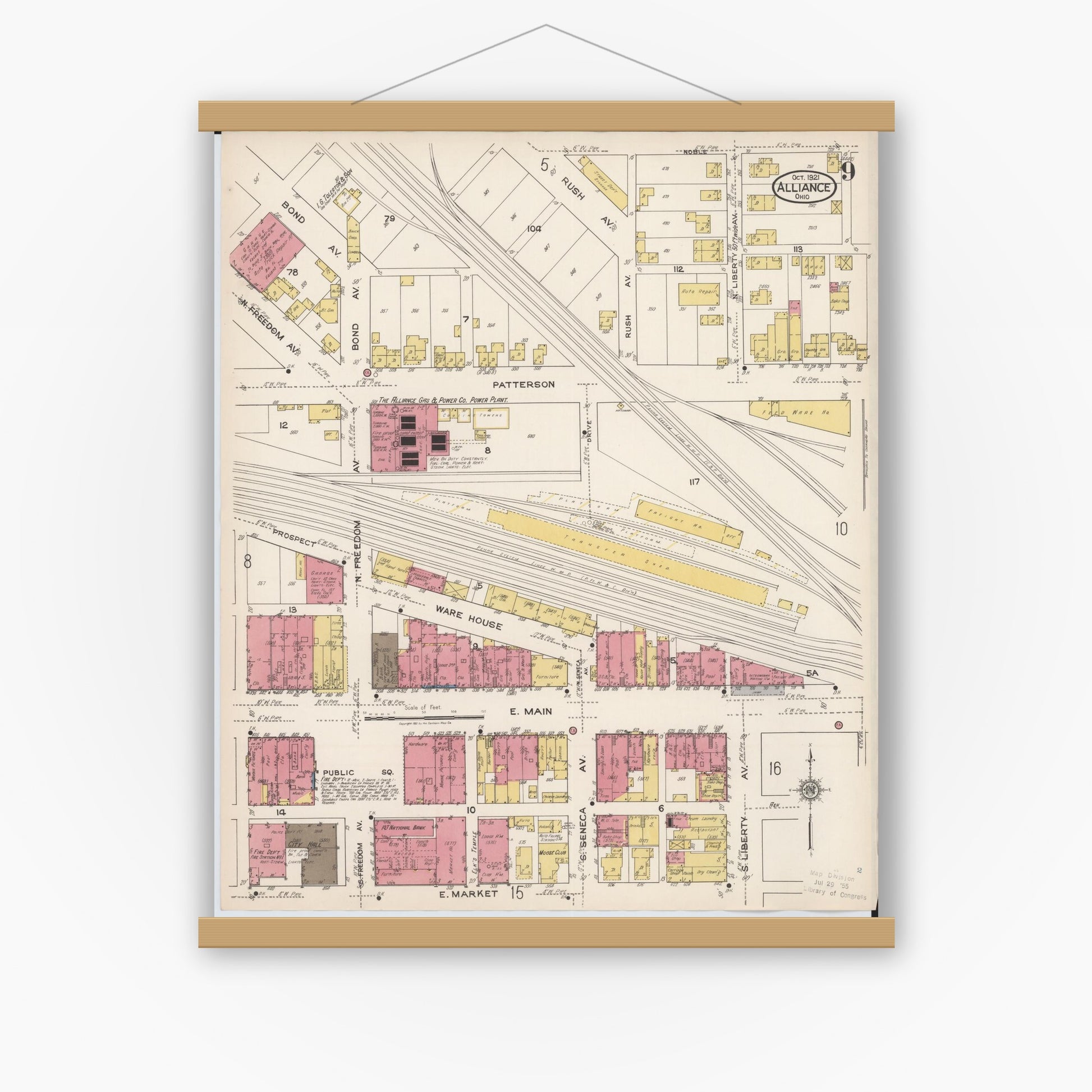 Old map wall art mockup — magnetic wood frame on white wall — Sanborn Fire Insurance Map from Alliance, Stark County, Ohio (1921), Sheet #0009