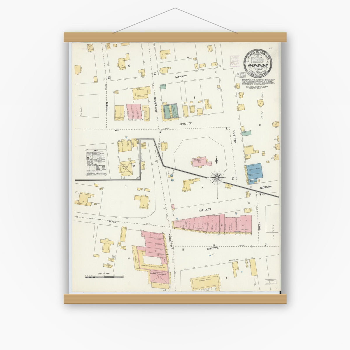 Old map wall art mockup — magnetic wood frame on white wall — Sanborn Fire Insurance Map from Marianna, Jackson County, Florida (1903), Sheet #0001